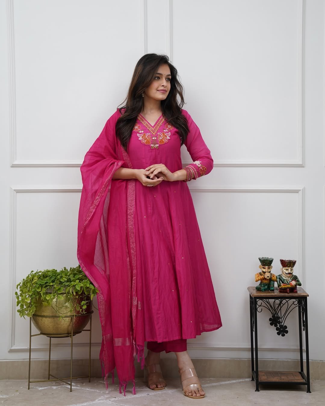 Pink Cotton Anarkali Suit Set with Mirror Work